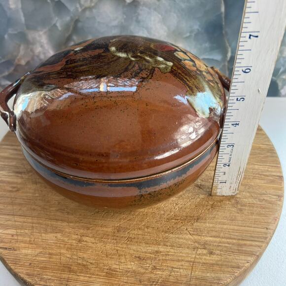 Art Studio Pottery Casserole With Handles & Lid 8" Stoneware Brown Glazed 80s - Picture 13 of 13
